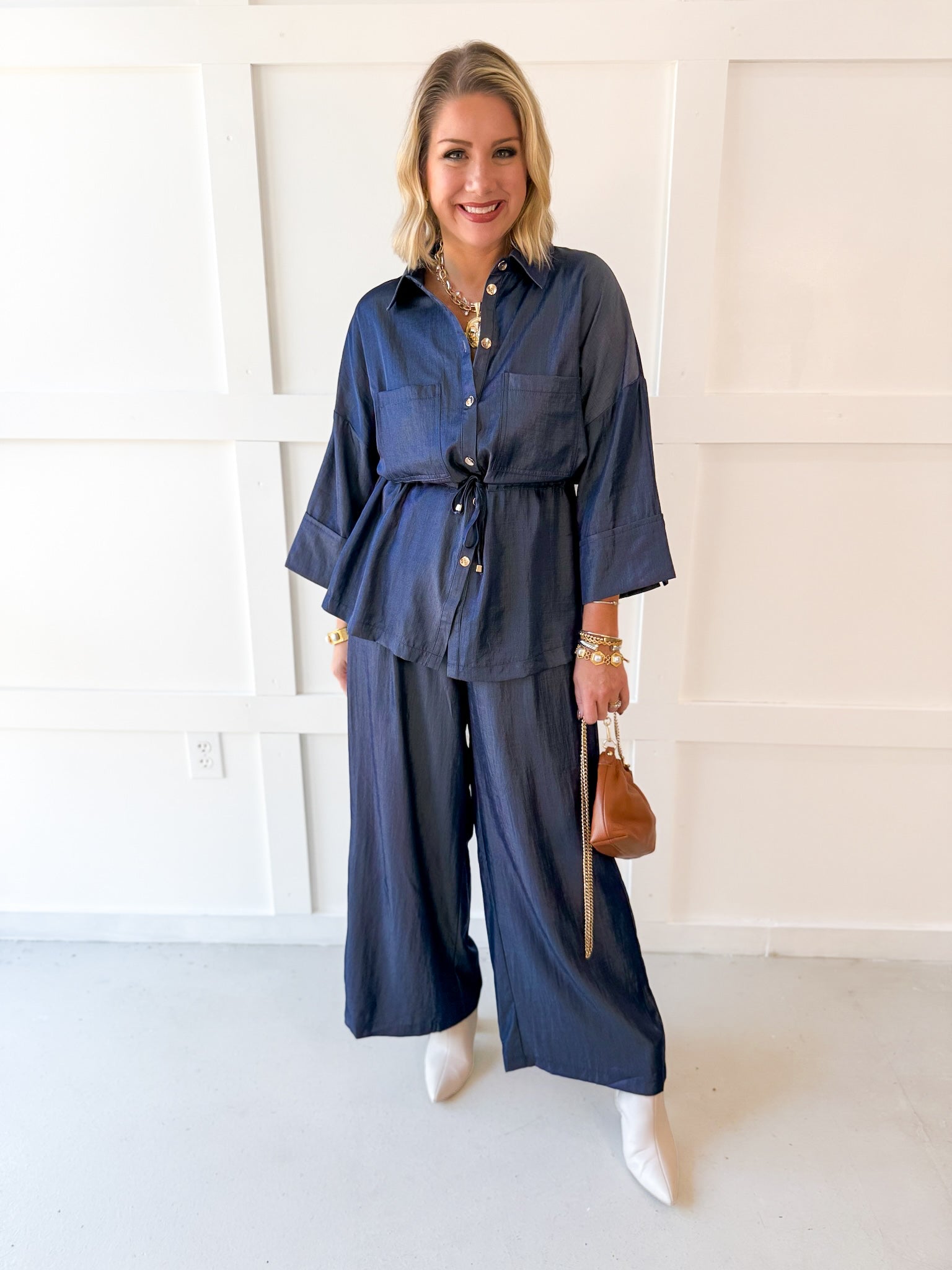 Adjustable Waist Button Down Shirt- Indigo