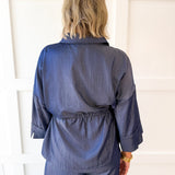 Adjustable Waist Button Down Shirt- Indigo
