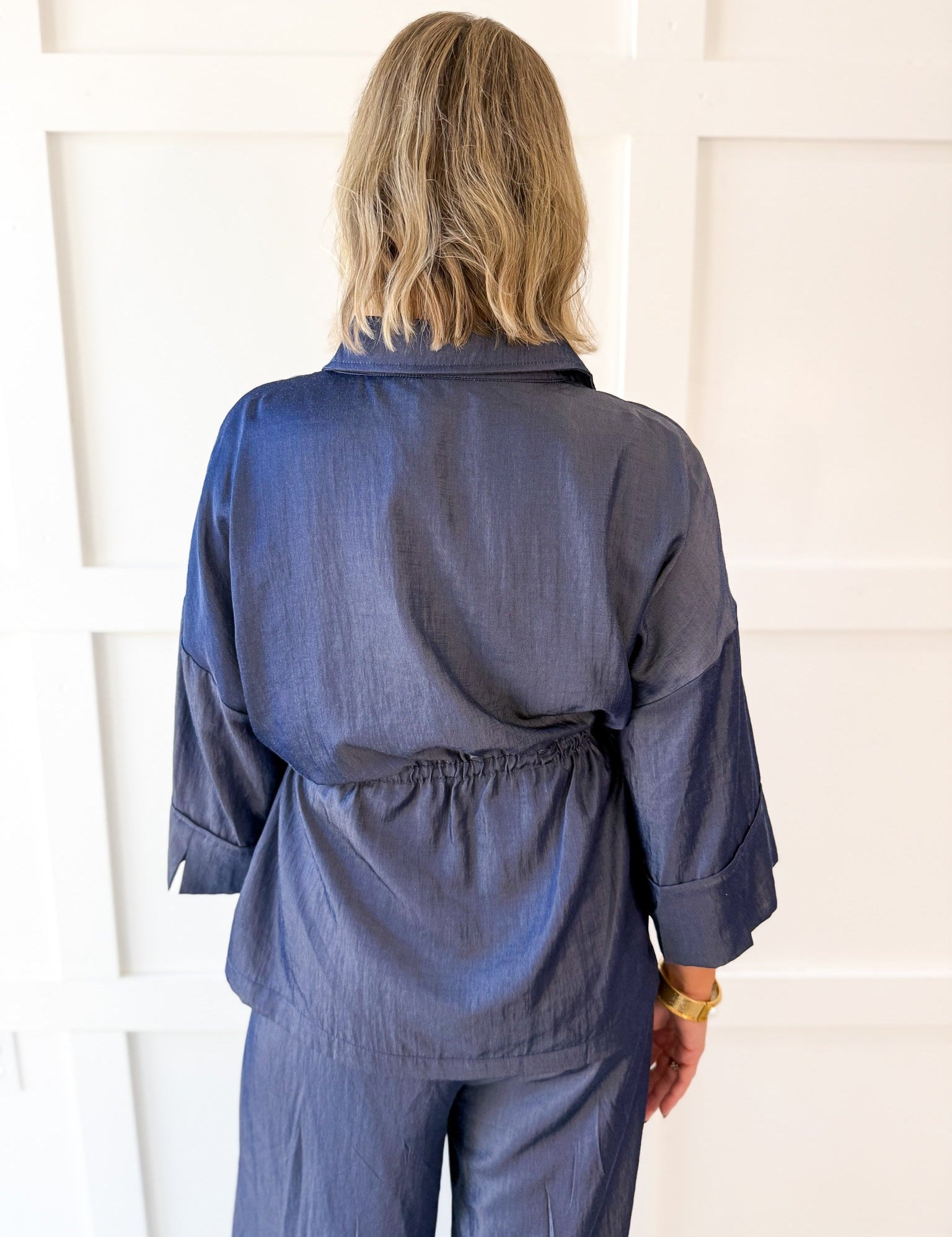 Adjustable Waist Button Down Shirt- Indigo