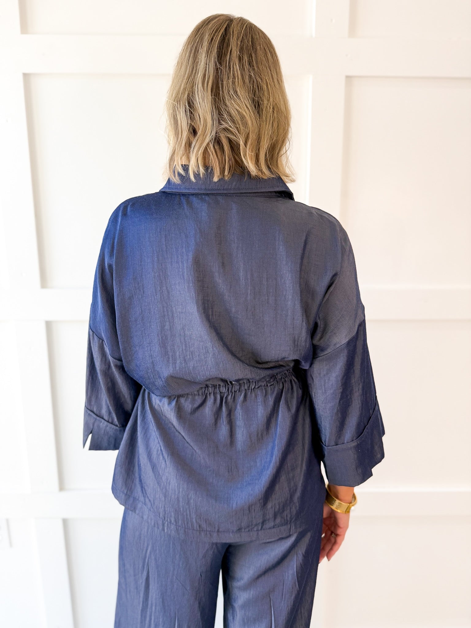 Adjustable Waist Button Down Shirt- Indigo