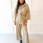 Adjustable Waist Button Down Shirt- Taupe