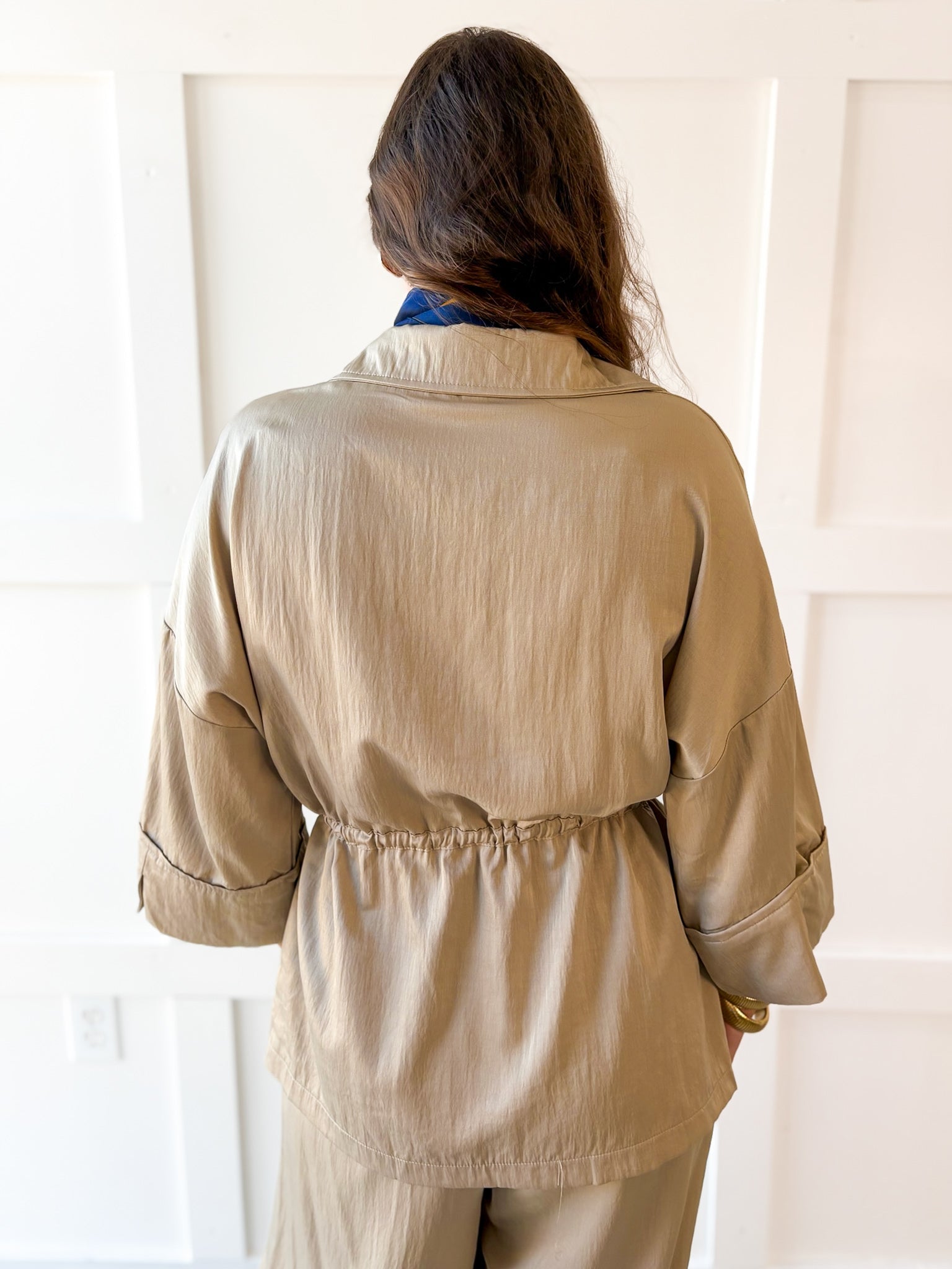 Adjustable Waist Button Down Shirt- Taupe
