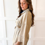 Adjustable Waist Button Down Shirt- Taupe