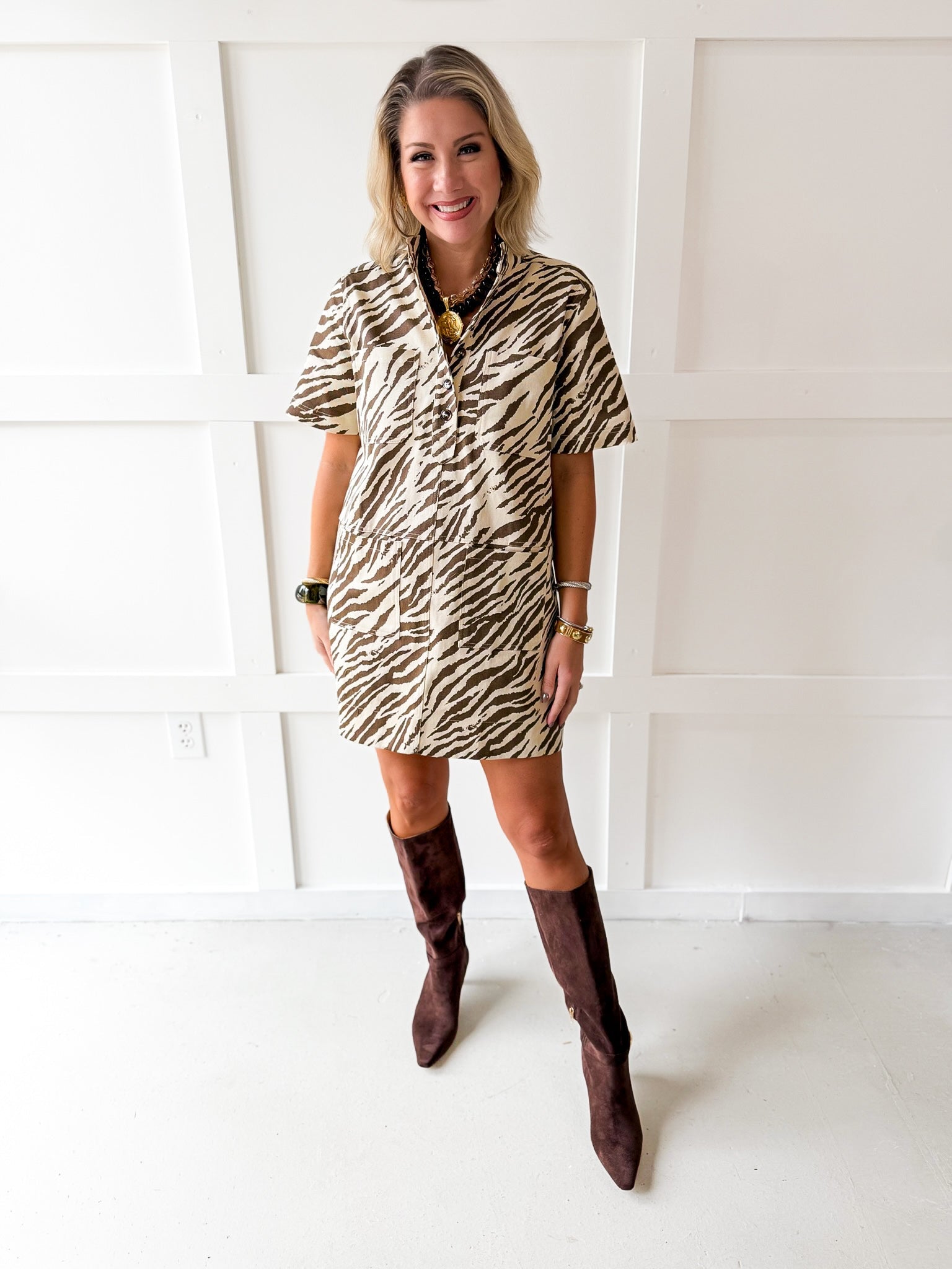 Animal Print Shirt Dress - Ecru Combo
