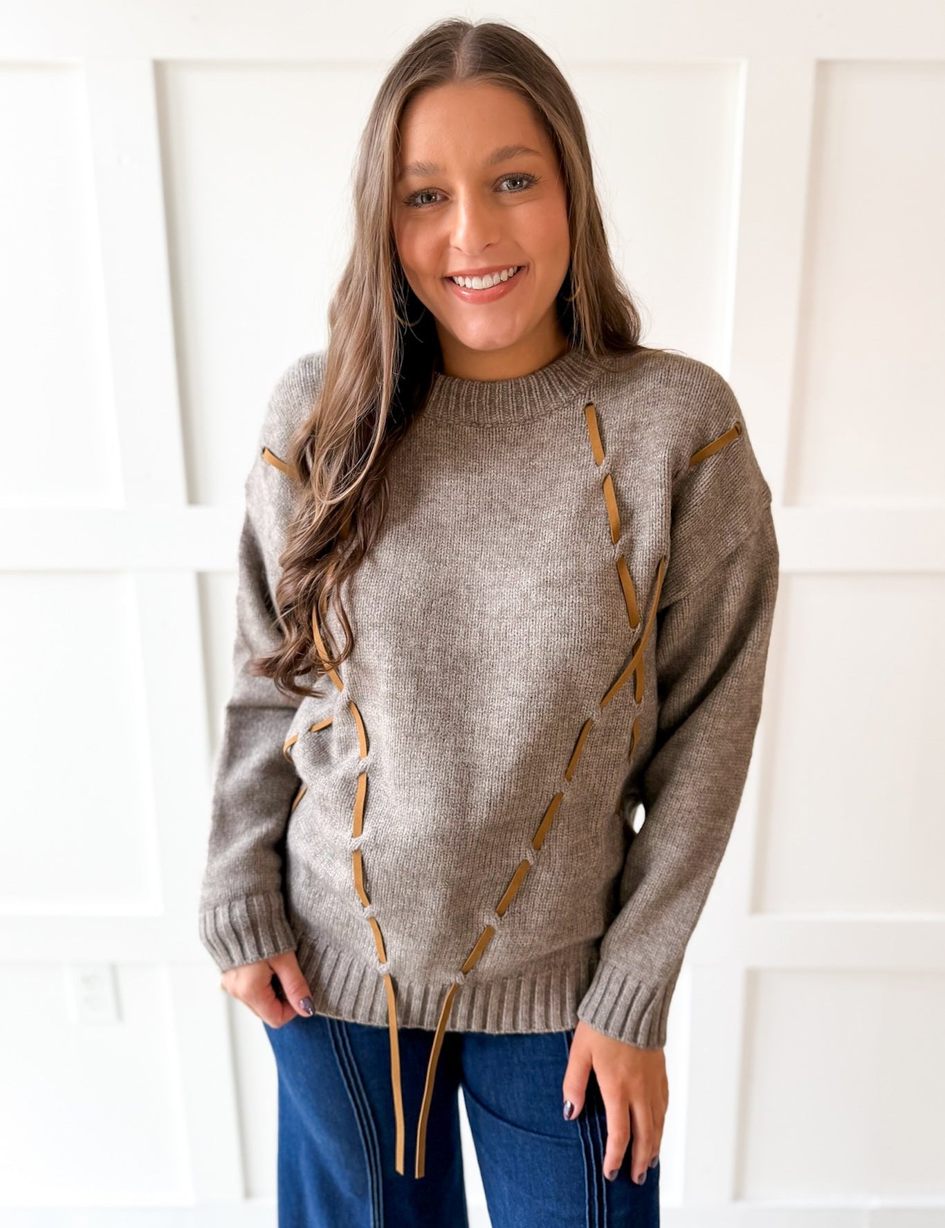 Argyle Design Knit Top- Grey Brown