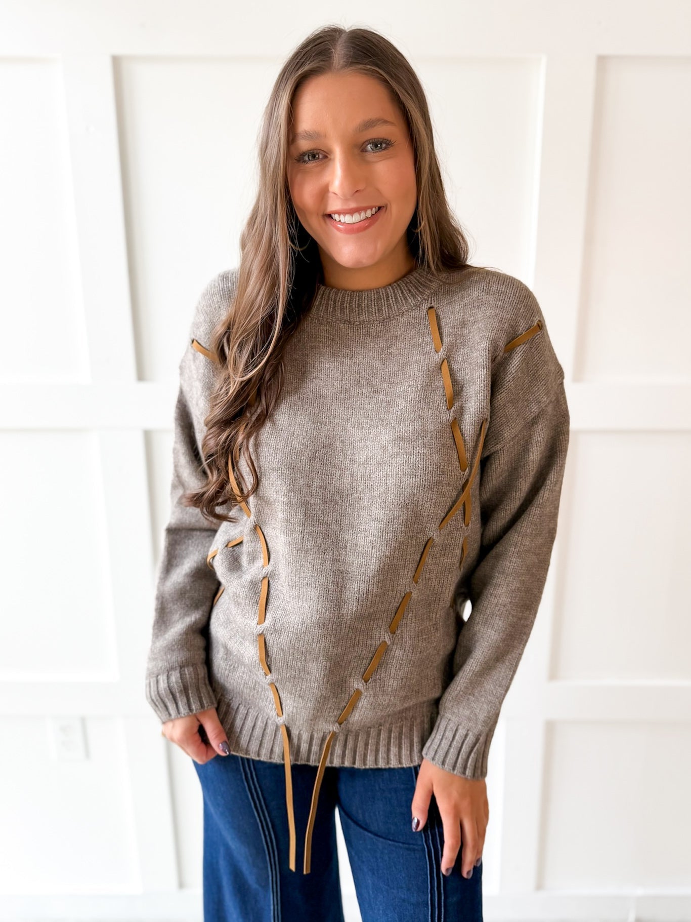 Argyle Design Knit Top- Grey Brown