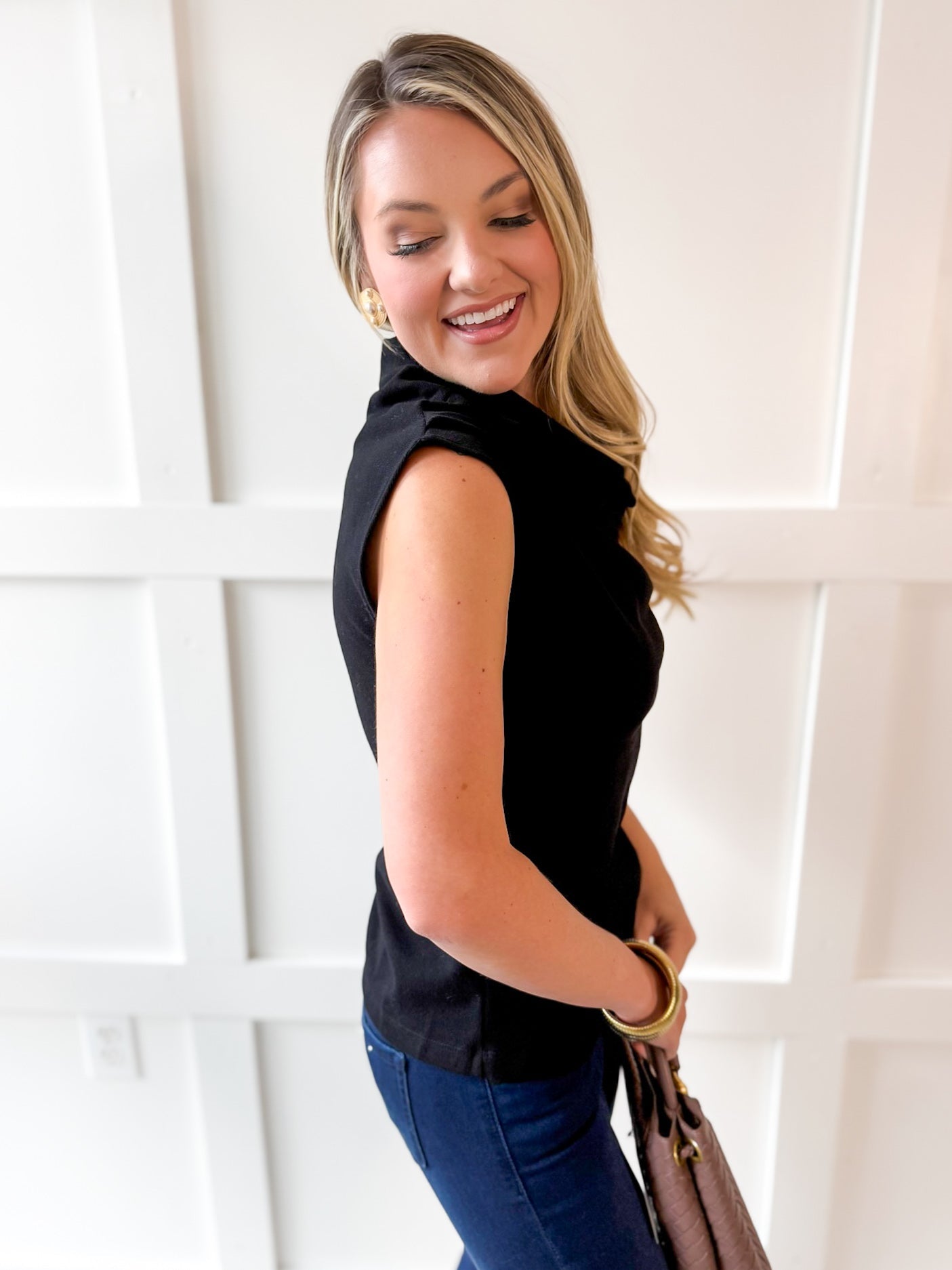 Asymmetric Wide High Neck Top - Black