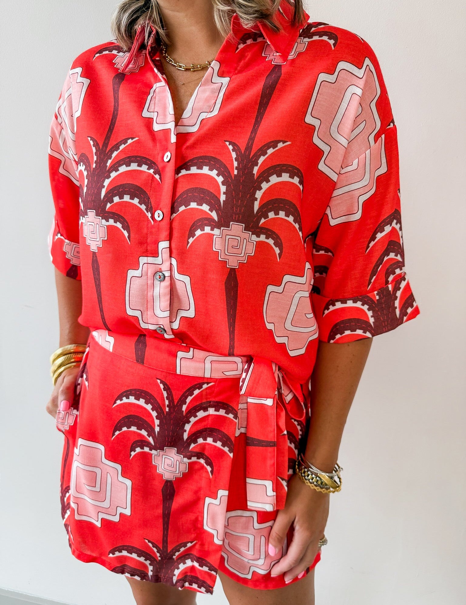 Aztec Palm Button Down Top & Skort Set