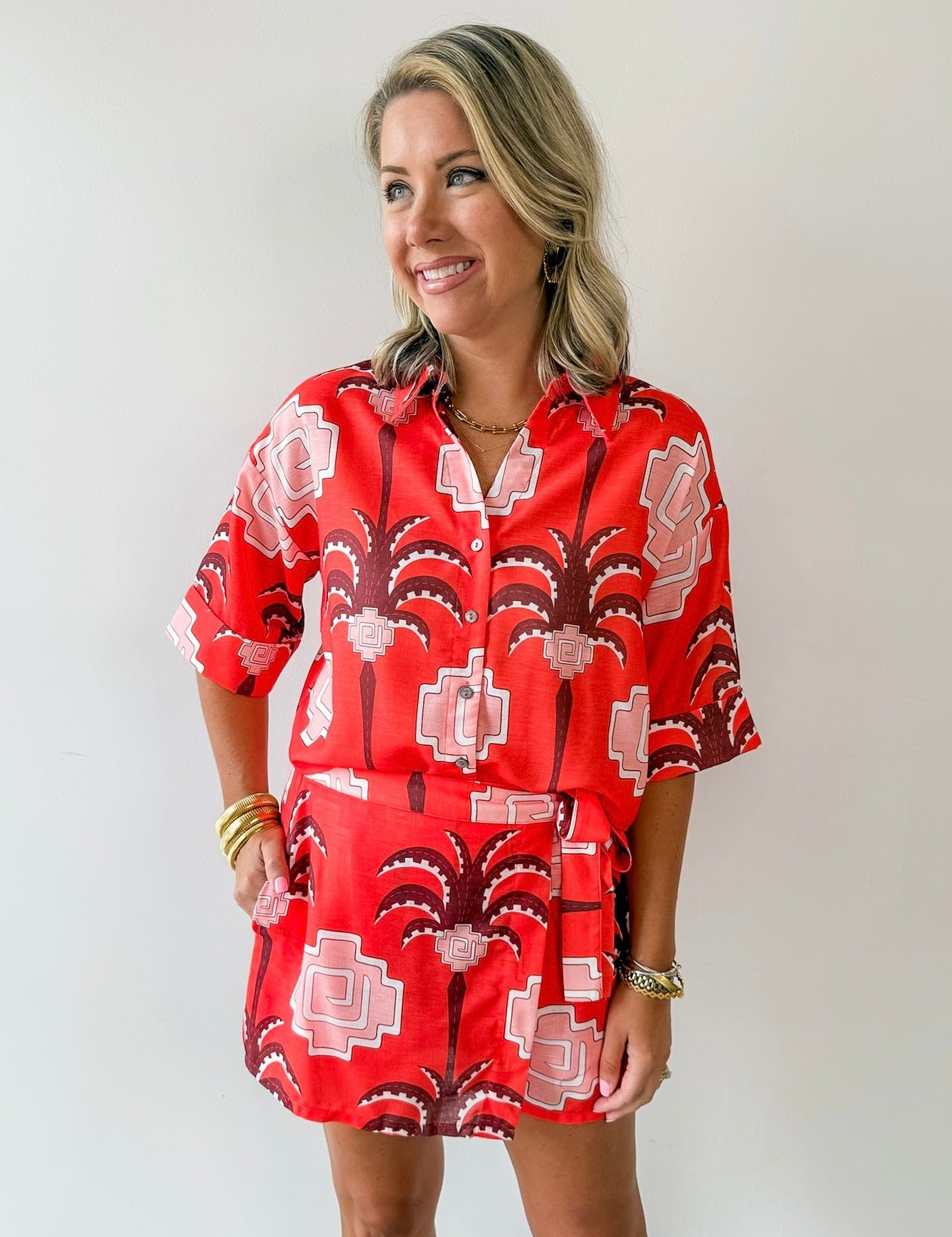 Aztec Palm Button Down Top & Skort Set