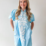 Baroque Applique Detail Shift Dress - Aqua
