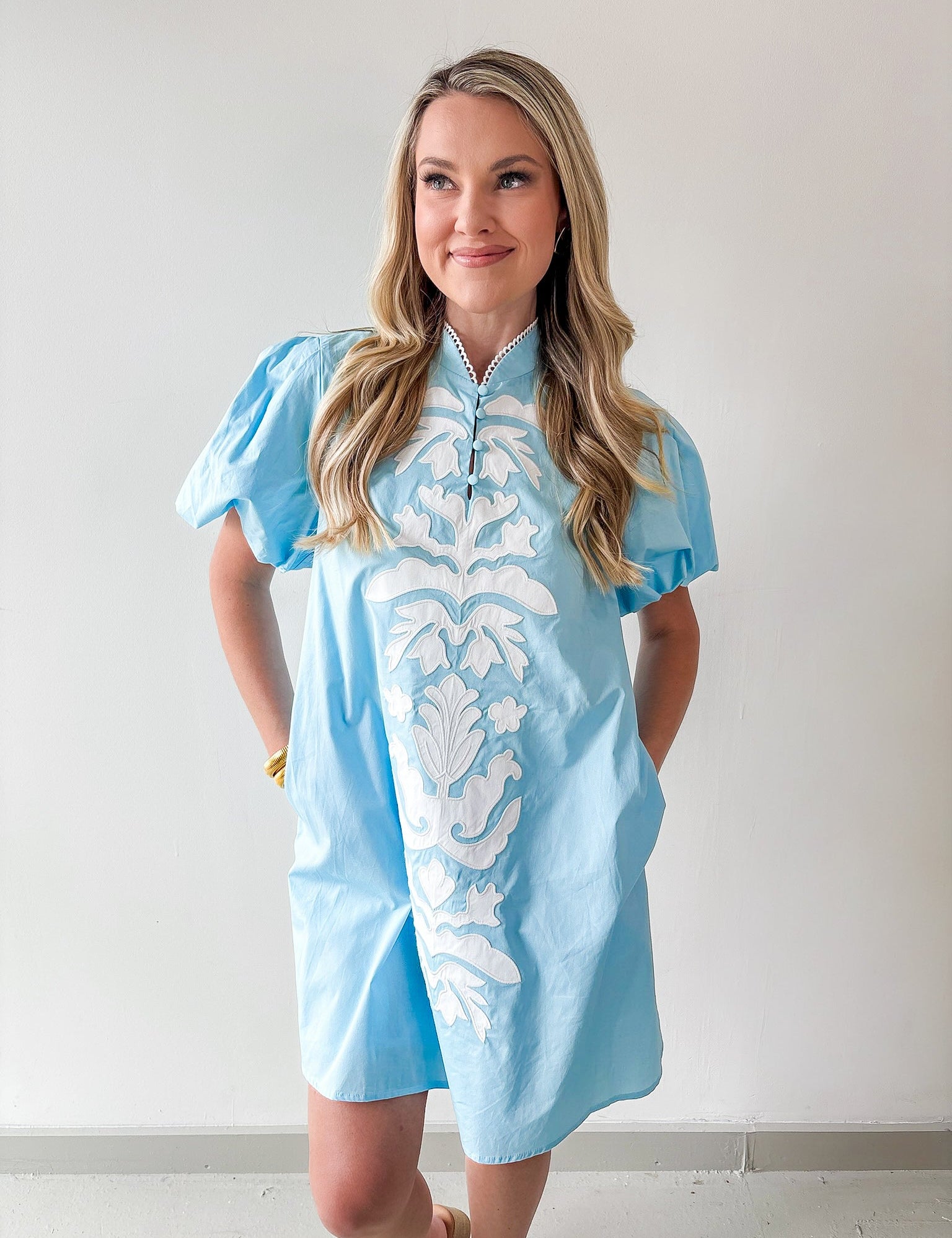 Baroque Applique Detail Shift Dress - Aqua