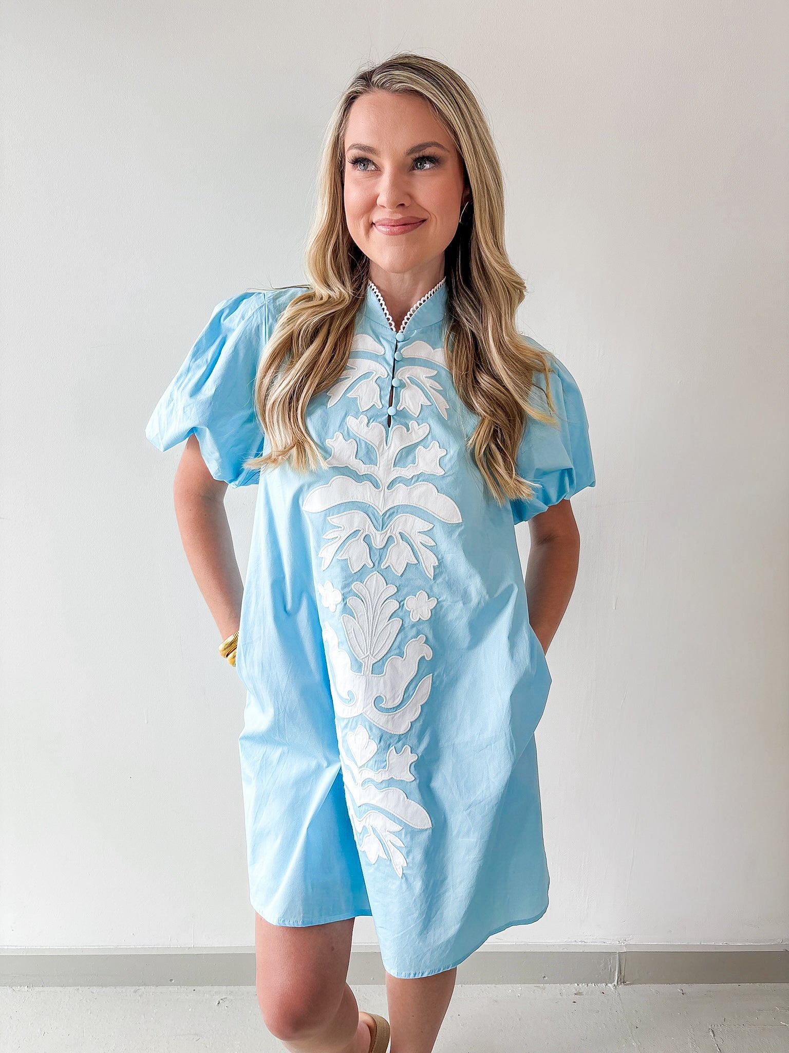 Baroque Applique Detail Shift Dress - Aqua