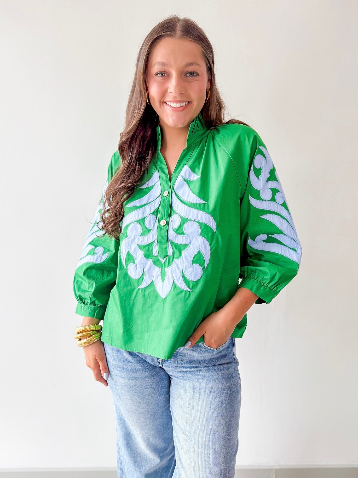 Baroque Applique Detail Top - Blue/Green