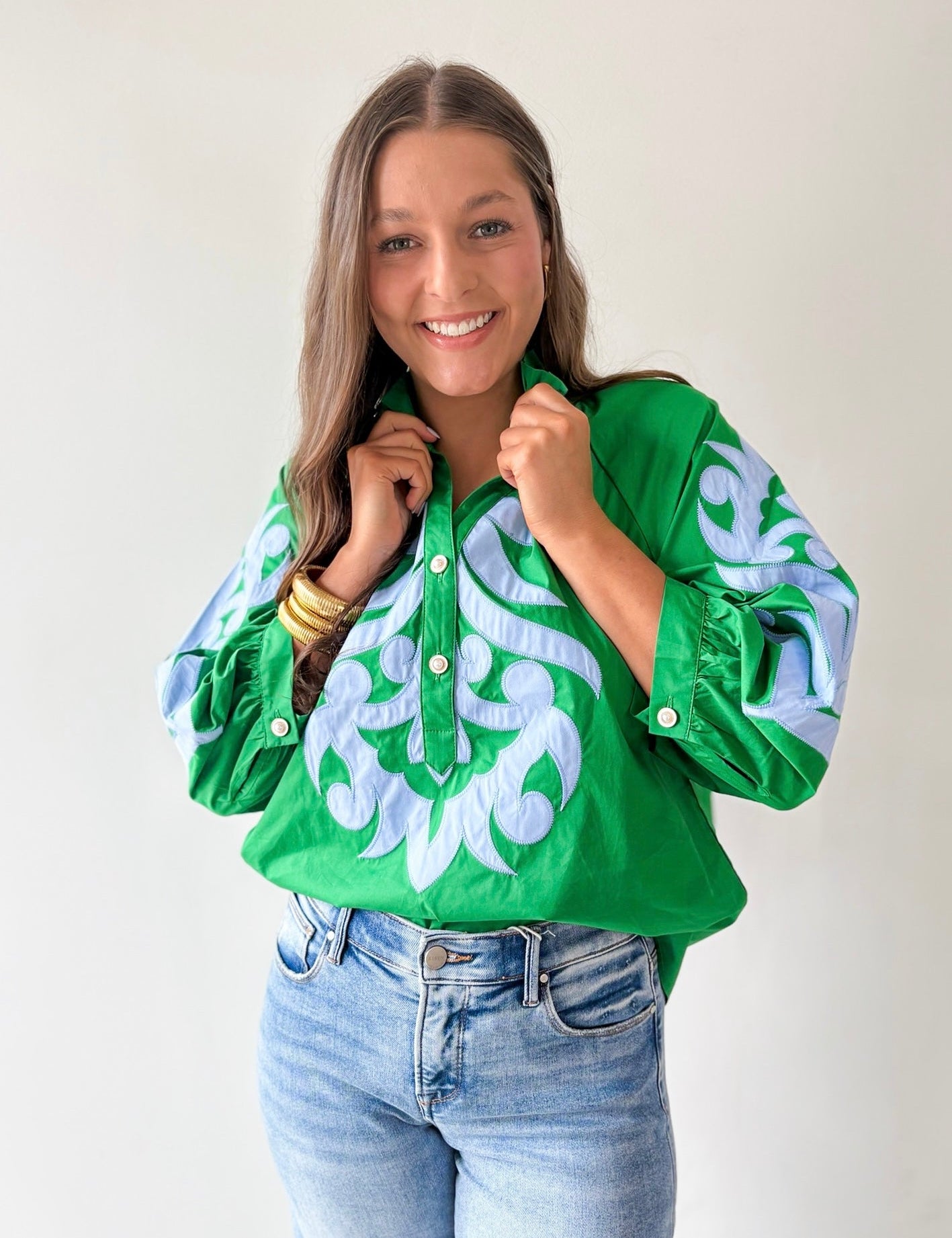 Baroque Applique Detail Top - Blue/Green