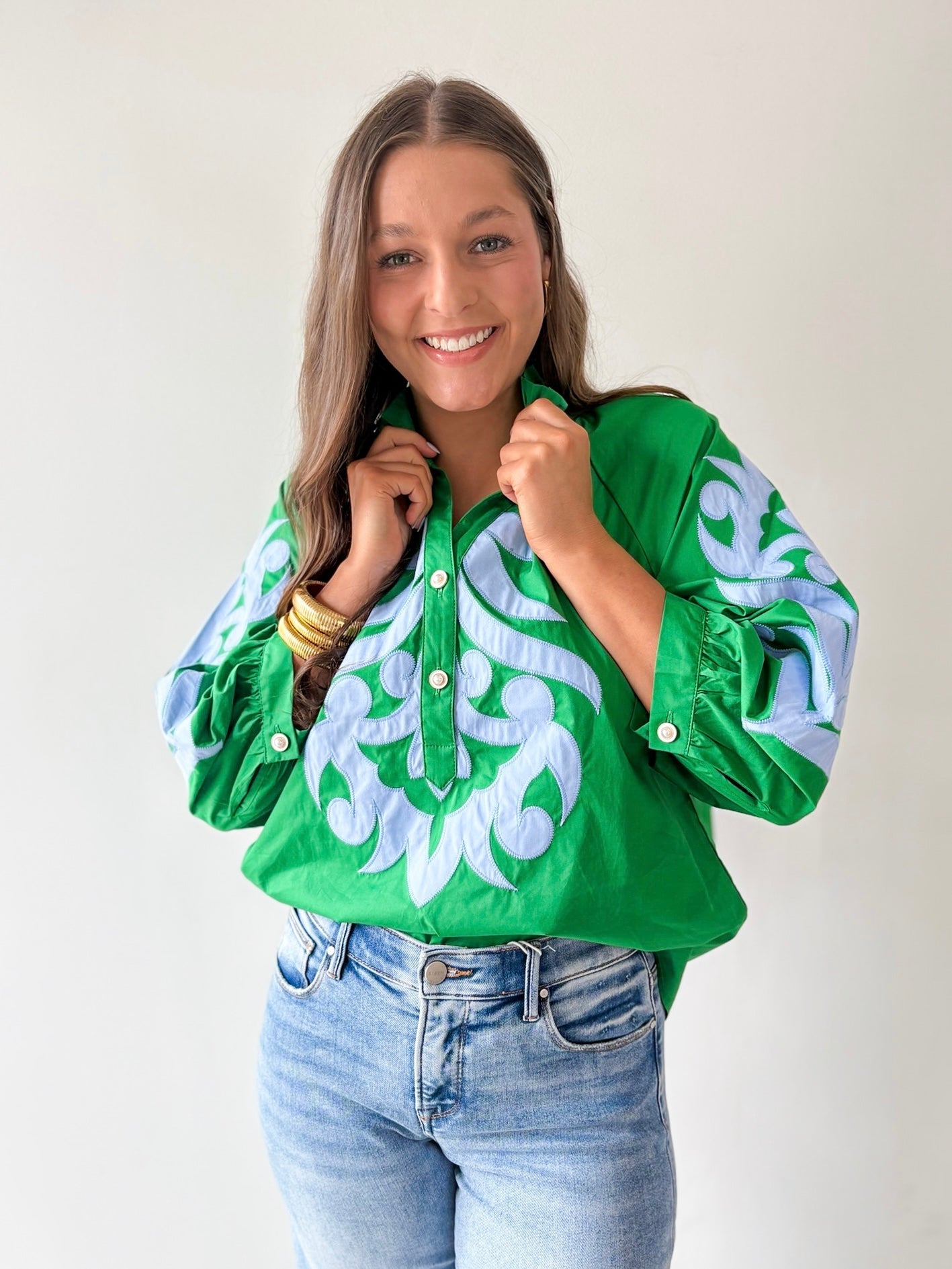 Baroque Applique Detail Top - Blue/Green