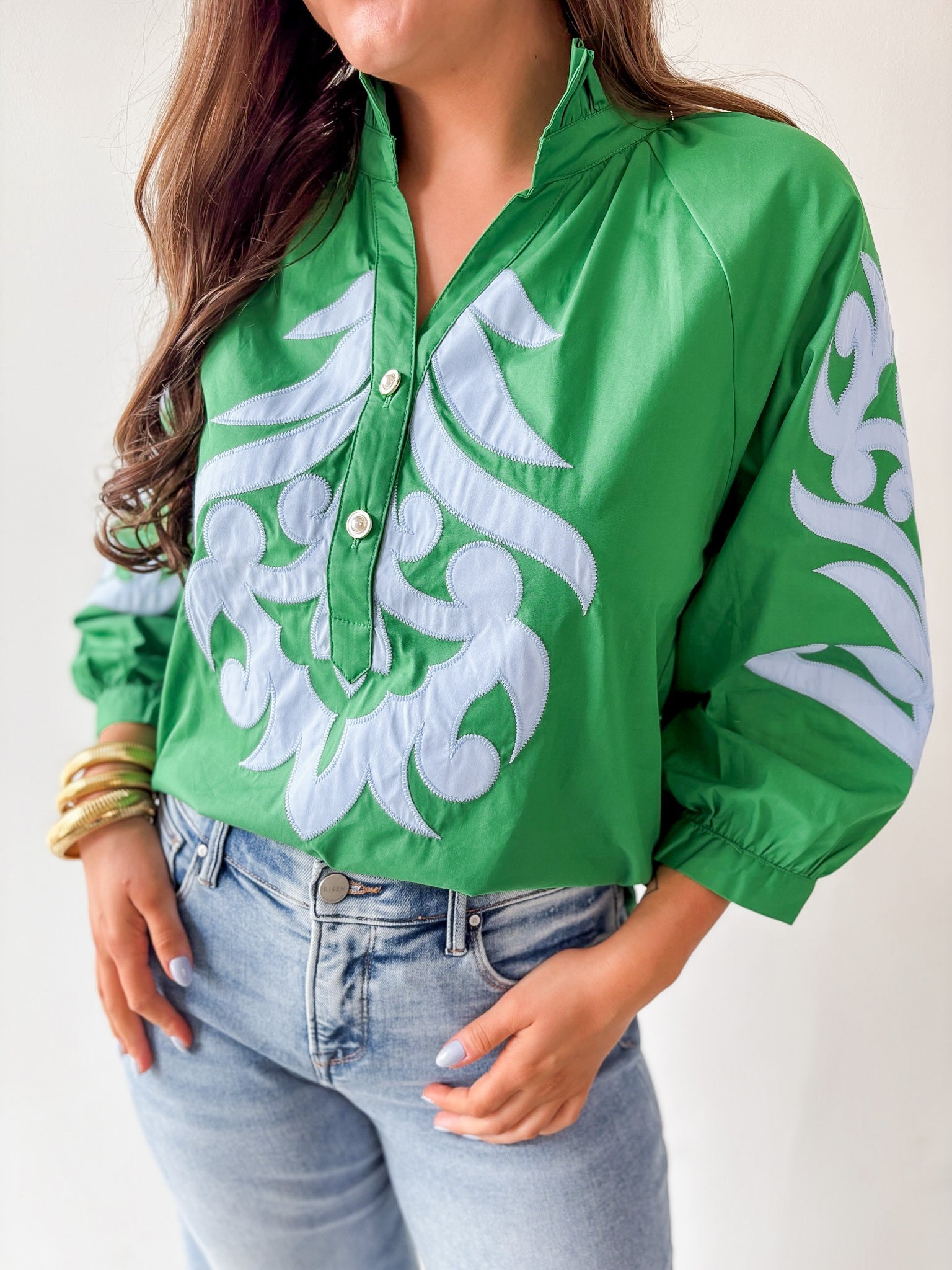 Baroque Applique Detail Top - Blue/Green