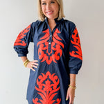 Baroque Applique Dress - Navy/Orange