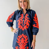 Baroque Applique Dress - Navy/Orange