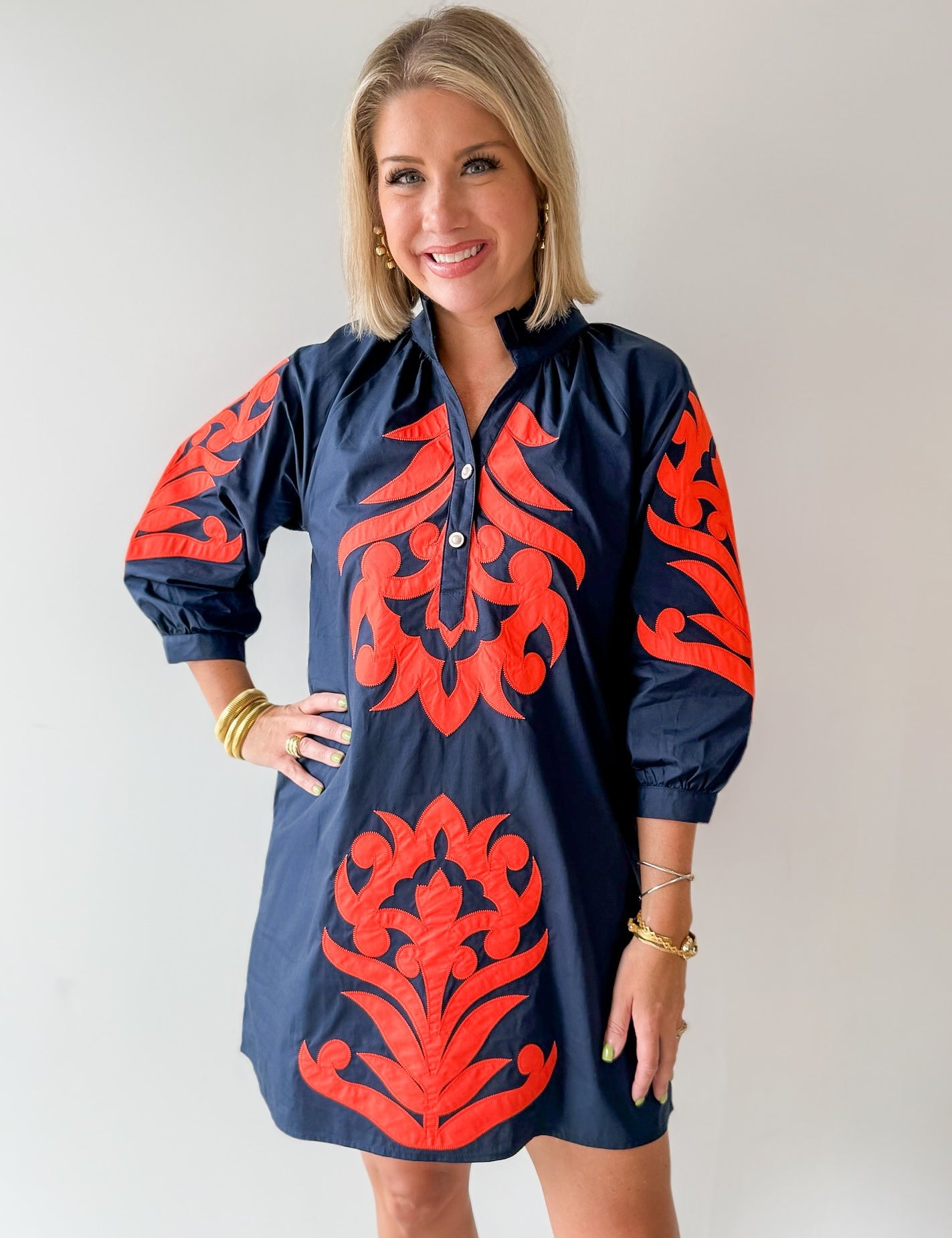 Baroque Applique Dress - Navy/Orange