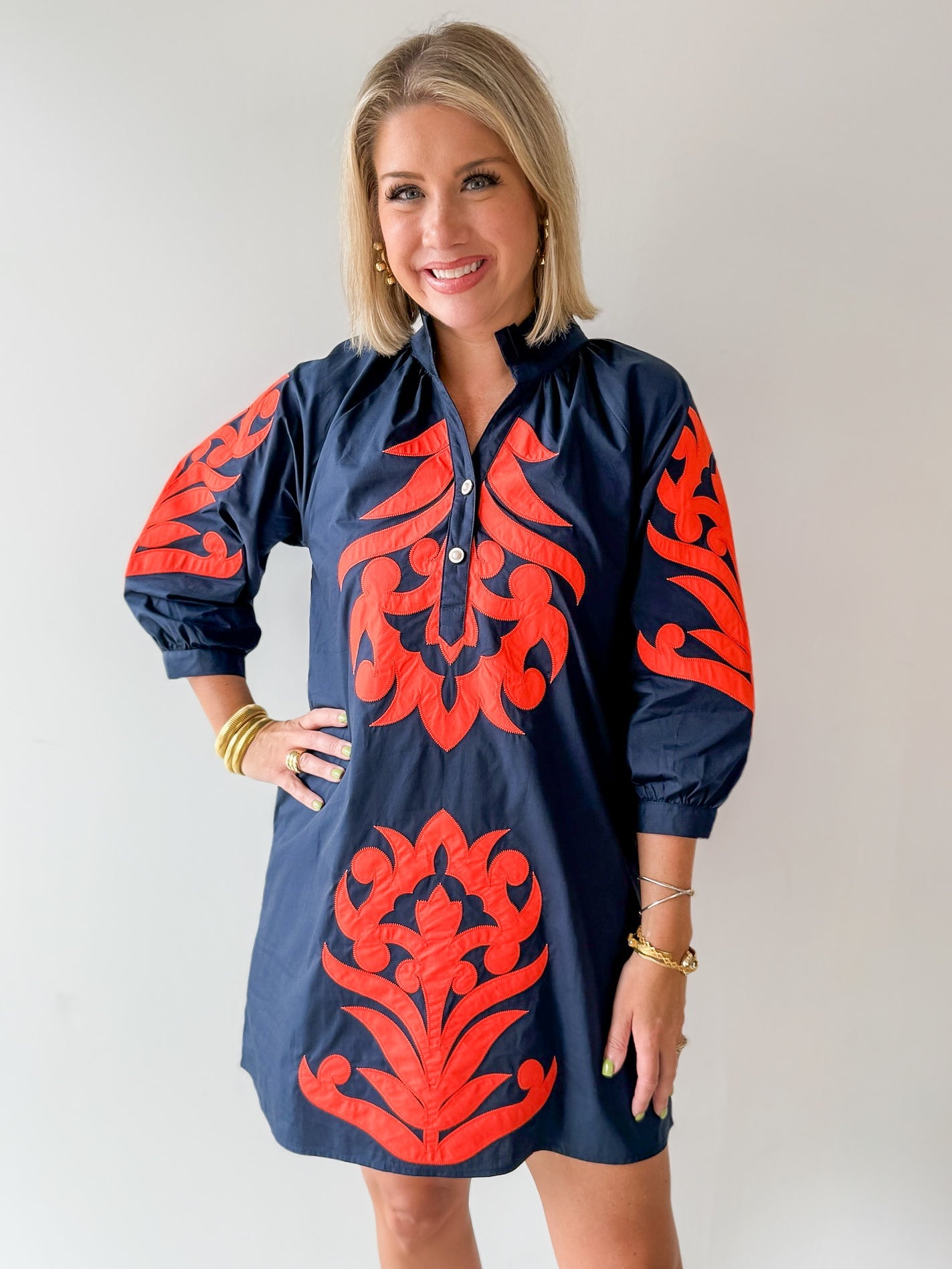 Baroque Applique Dress - Navy/Orange