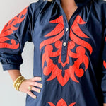 Baroque Applique Dress - Navy/Orange