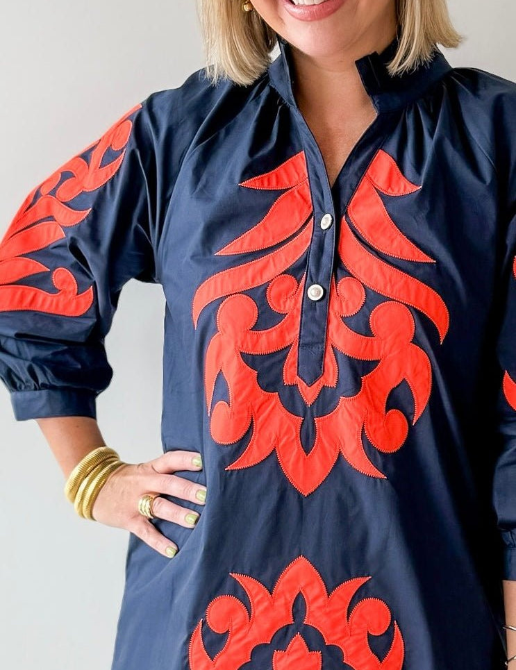 Baroque Applique Dress - Navy/Orange