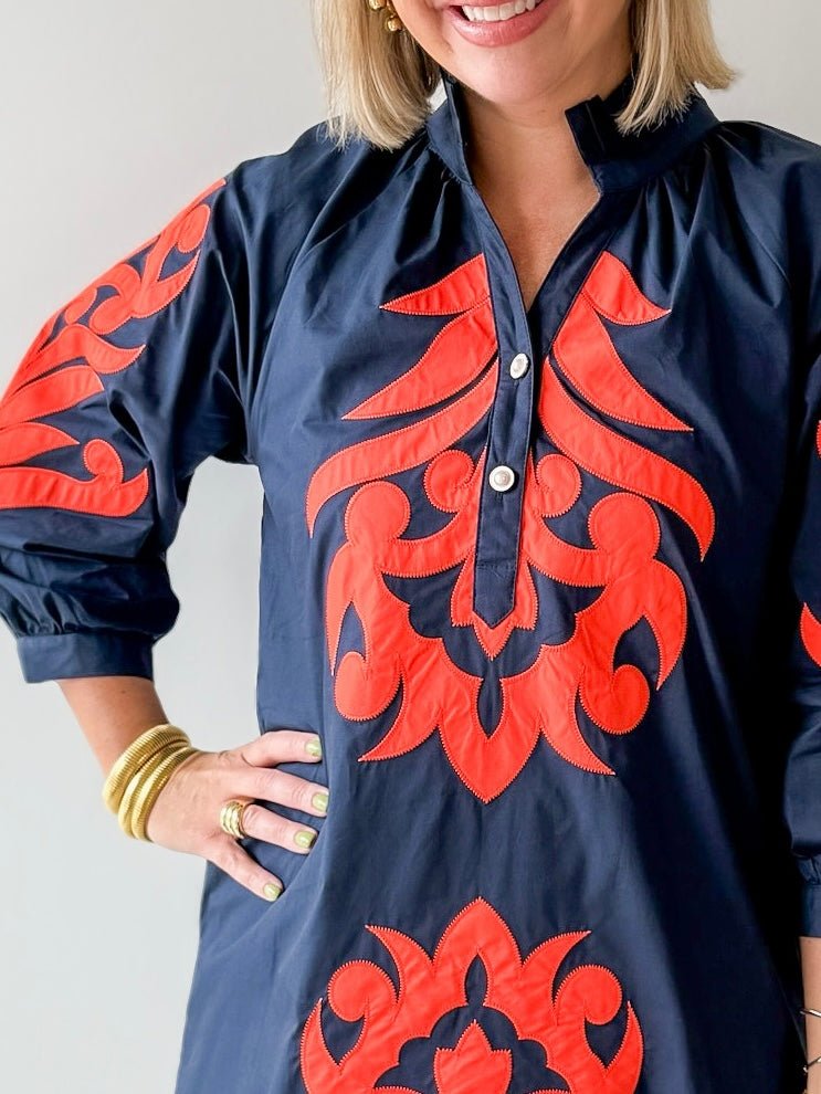 Baroque Applique Dress - Navy/Orange