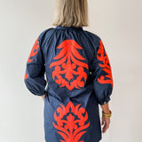 Baroque Applique Dress - Navy/Orange