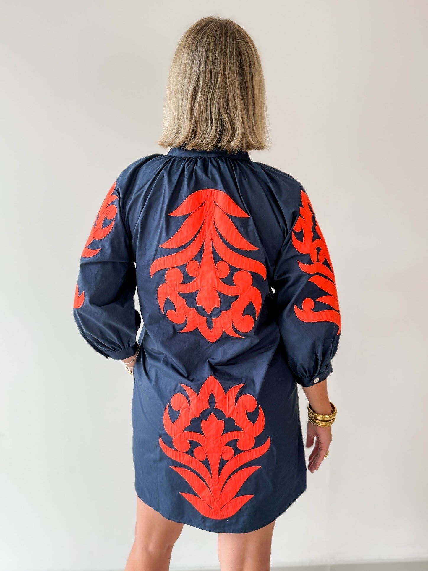 Baroque Applique Dress - Navy/Orange