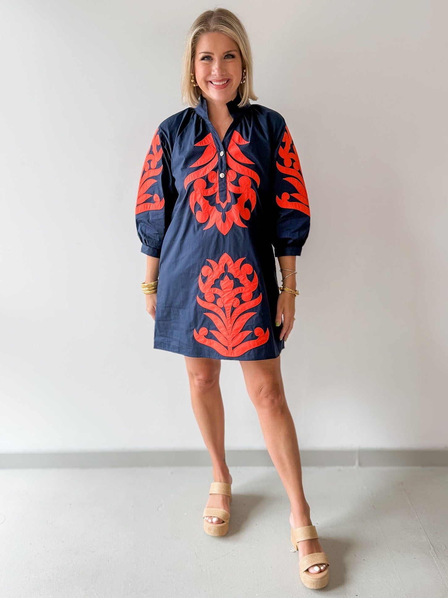 Baroque Applique Dress - Navy/Orange