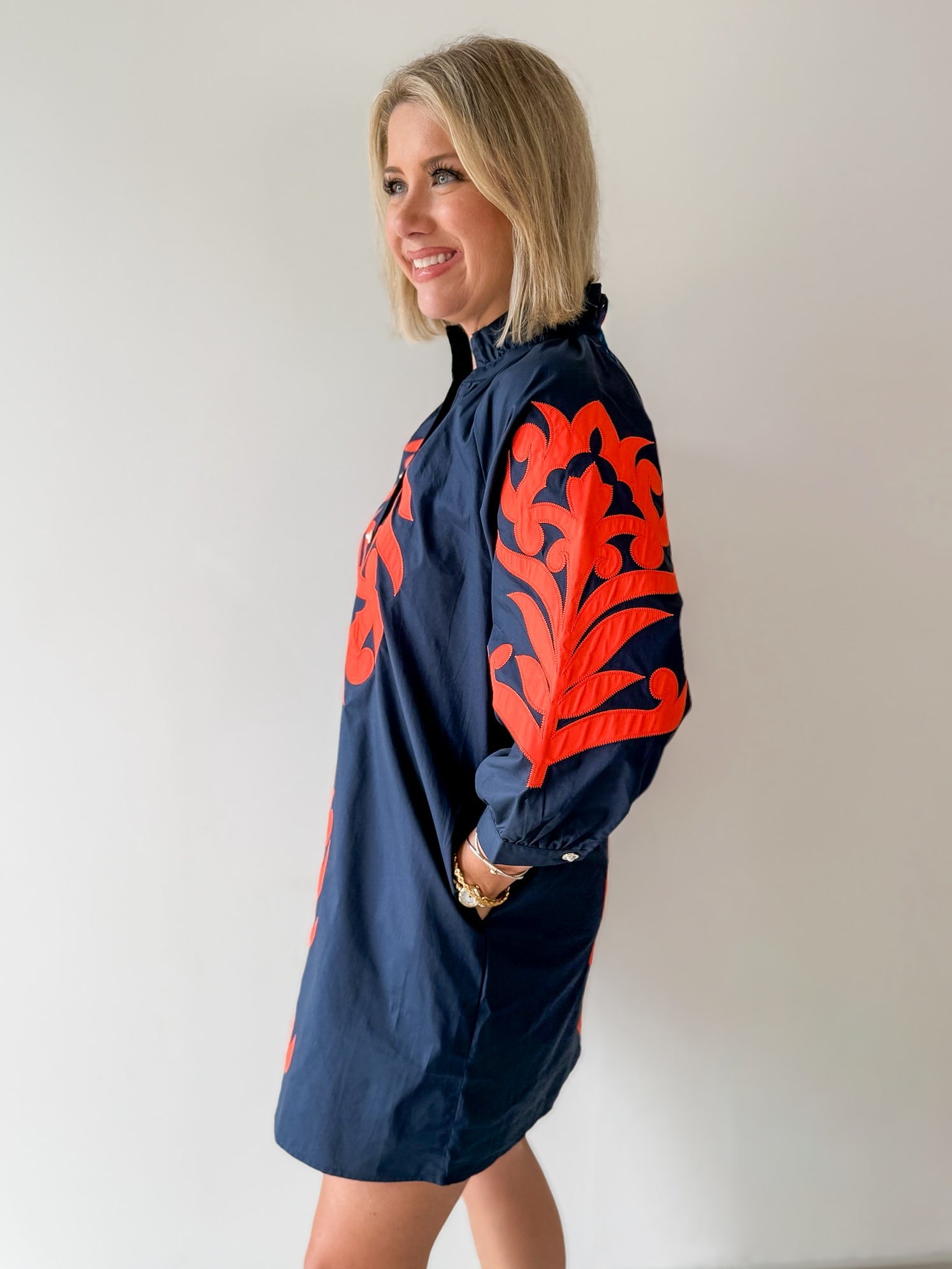 Baroque Applique Dress - Navy/Orange