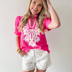 Baroque Floral Applique Detail Top - Pink
