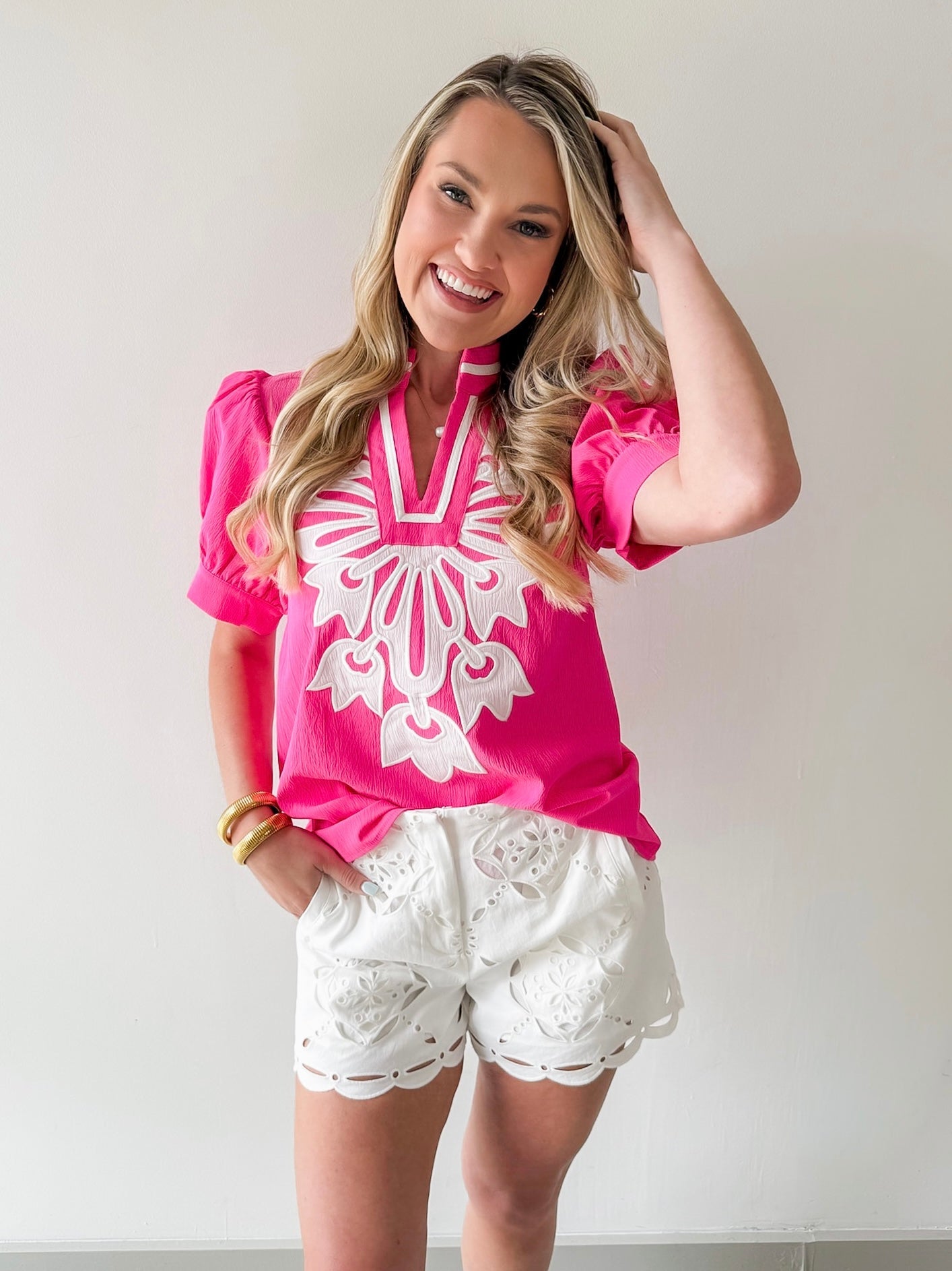 Baroque Floral Applique Detail Top - Pink