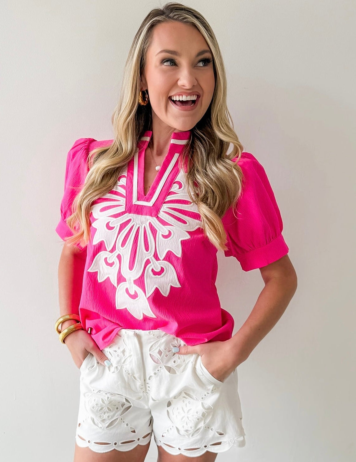 Baroque Floral Applique Detail Top - Pink