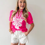 Baroque Floral Applique Detail Top - Pink