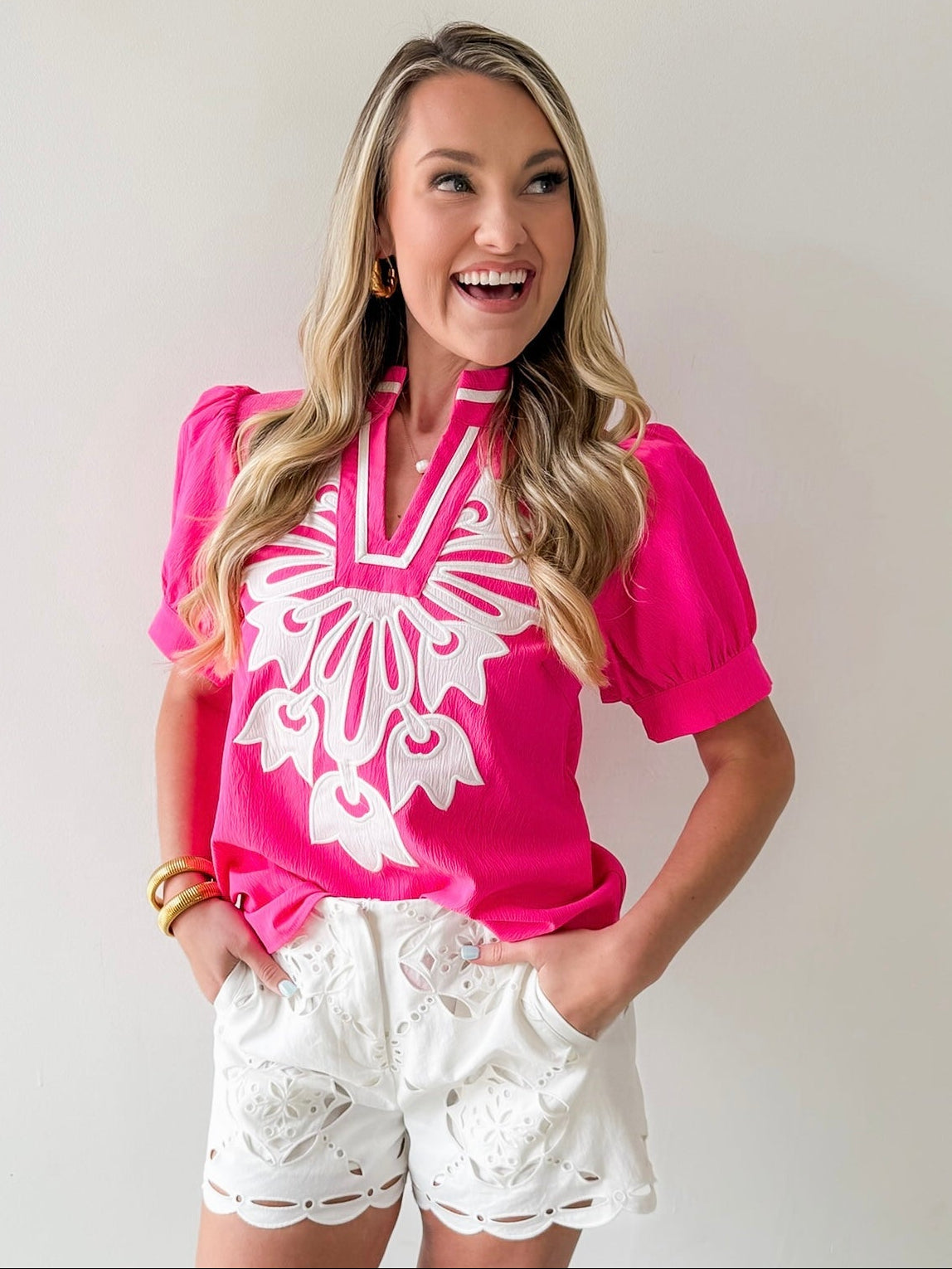 Baroque Floral Applique Detail Top - Pink