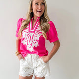 Baroque Floral Applique Detail Top - Pink