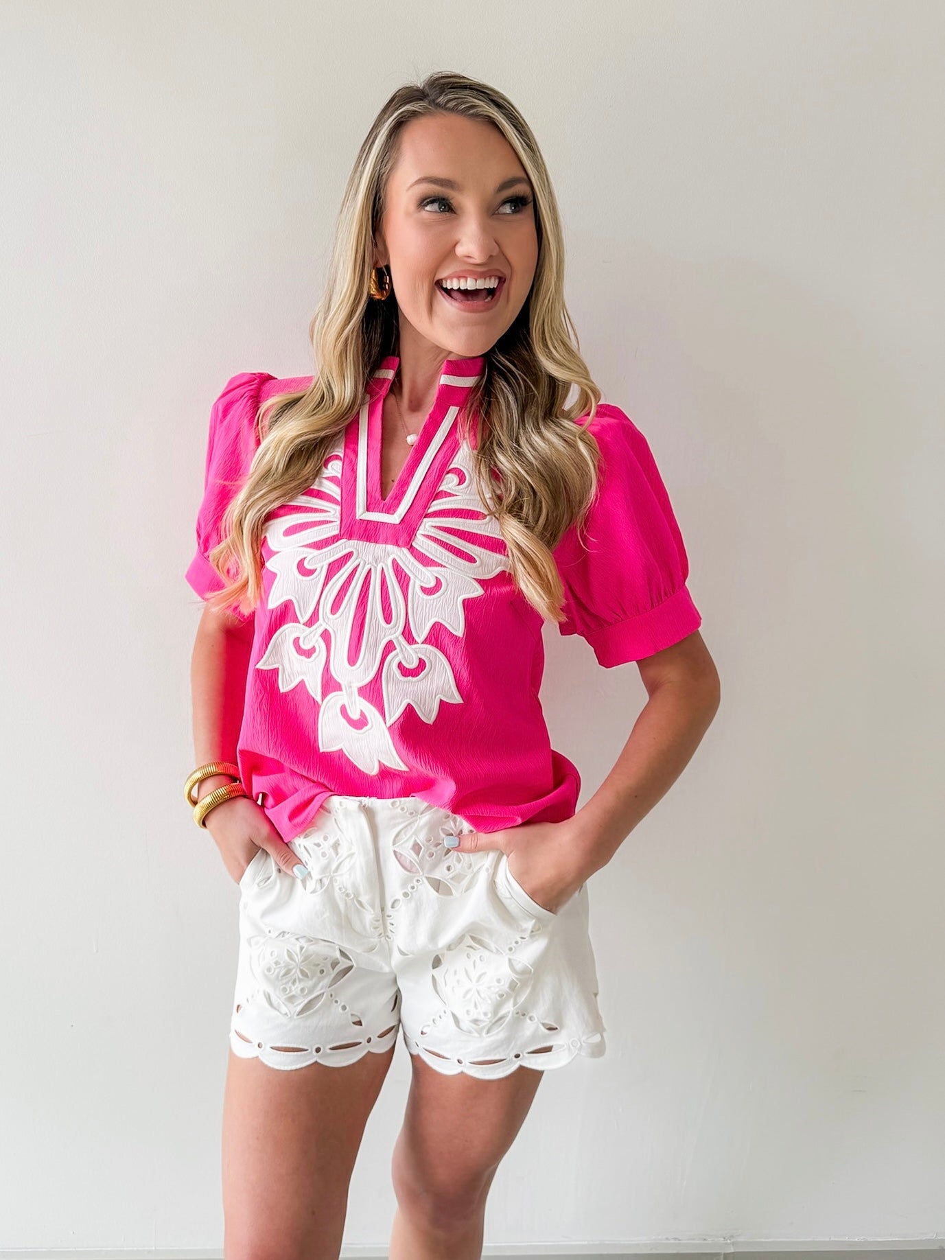 Baroque Floral Applique Detail Top - Pink