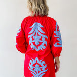 Baroque Floral Applique Dress - Red/blue