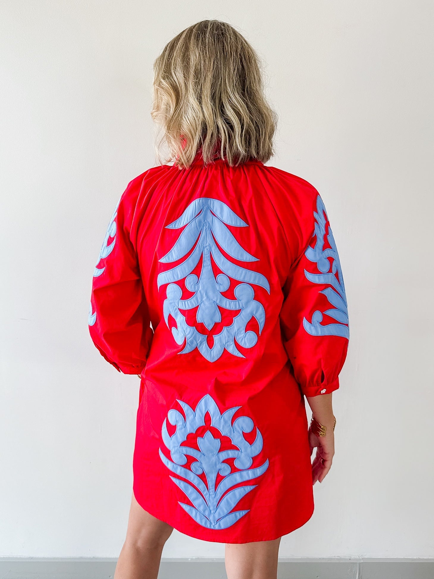 Baroque Floral Applique Dress - Red/blue