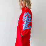 Baroque Floral Applique Dress - Red/blue
