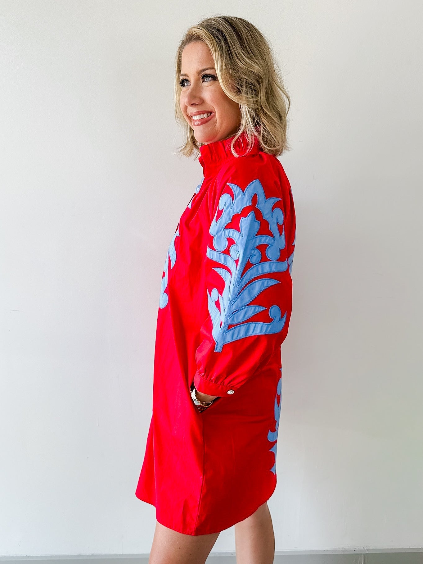 Baroque Floral Applique Dress - Red/blue