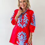 Baroque Floral Applique Dress - Red/blue