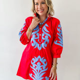 Baroque Floral Applique Dress - Red/blue
