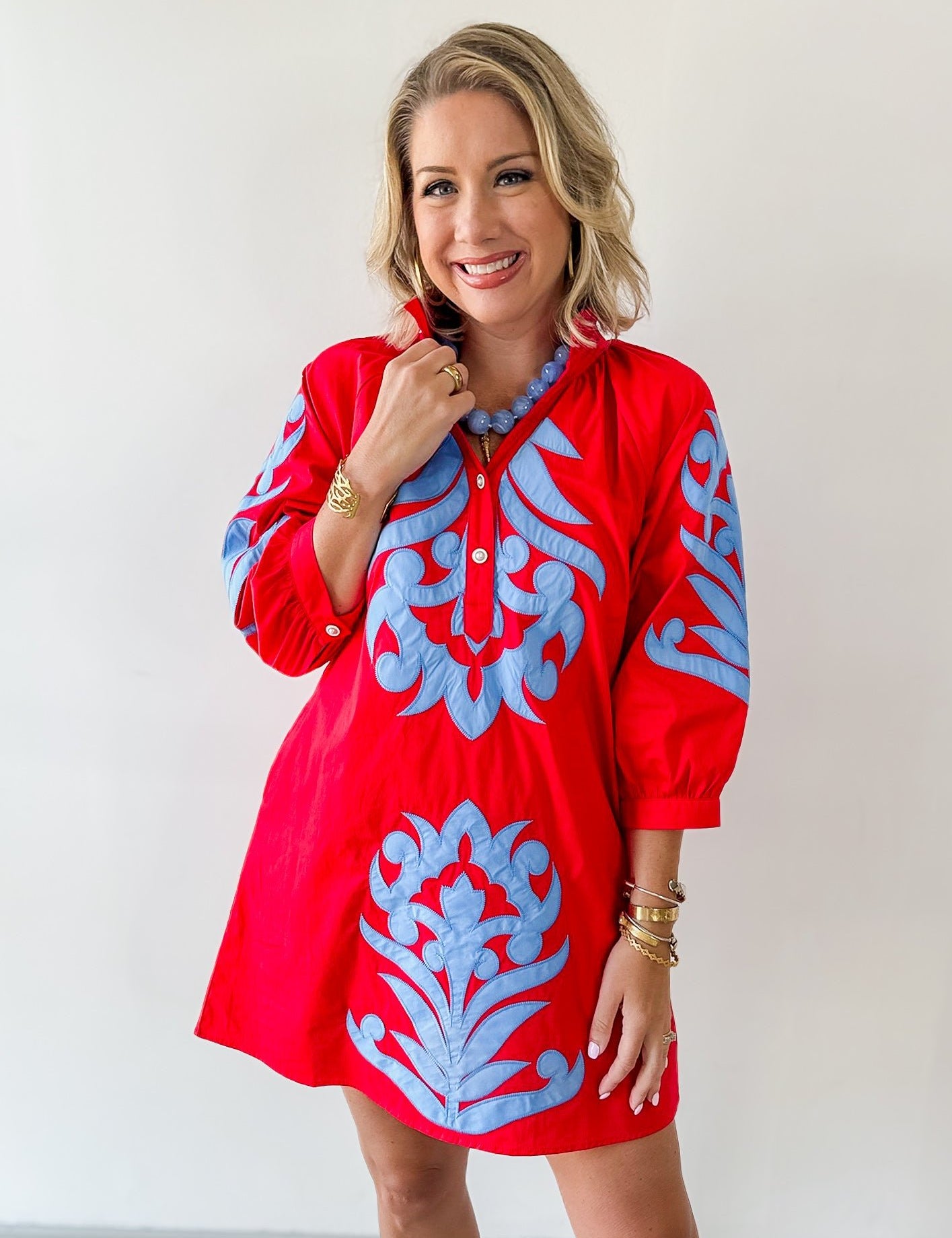 Baroque Floral Applique Dress - Red/blue