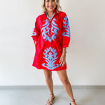 Baroque Floral Applique Dress - Red/blue