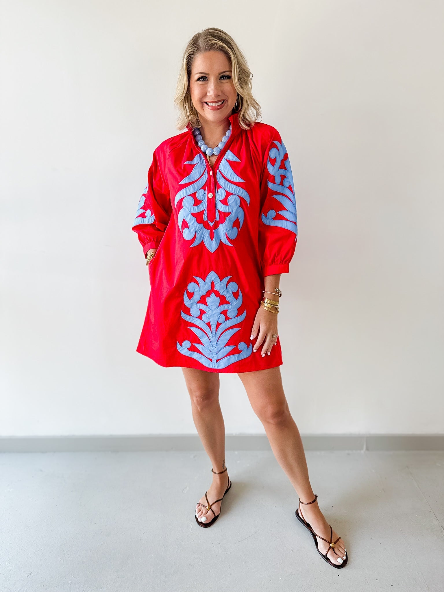 Baroque Floral Applique Dress - Red/blue