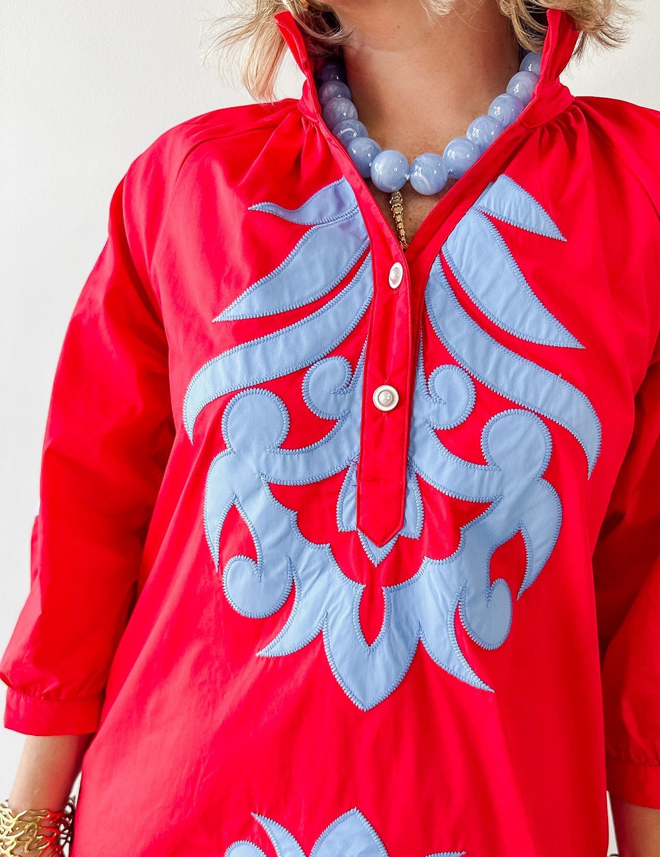 Baroque Floral Applique Dress - Red/blue