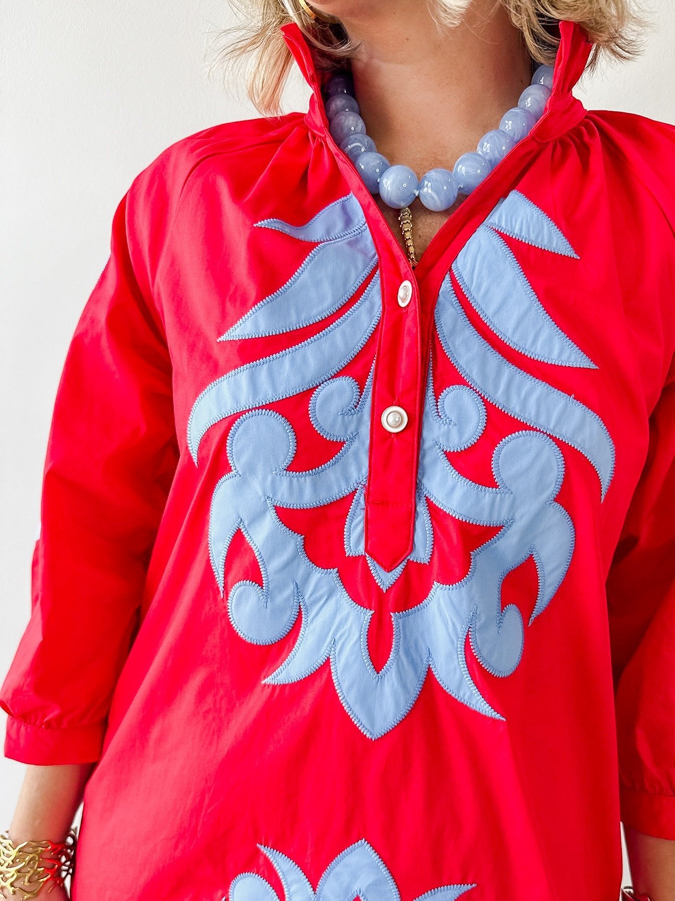 Baroque Floral Applique Dress - Red/blue