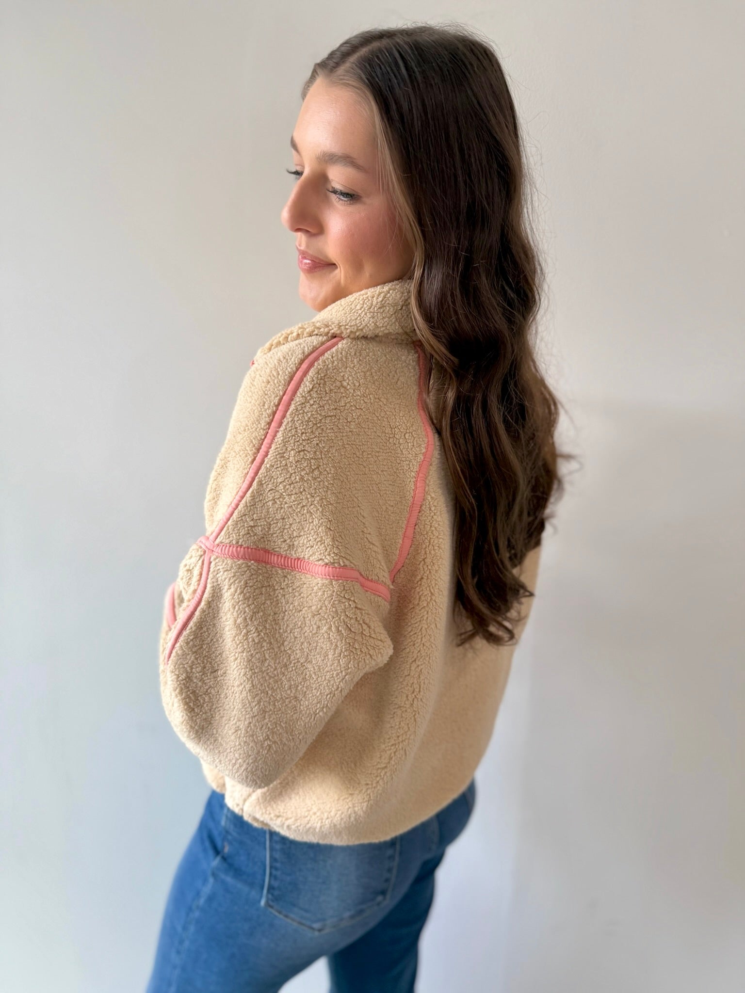 Beige Half Zip Fleece Sweatshirt